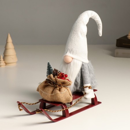 Interior light doll "Dwarf in a shiny cap with a bag of gifts on sleds" 10x26x41 cm-1