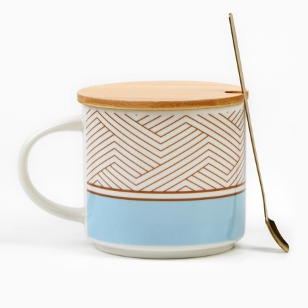 Ceramic mug with a lid and spoon "Geometry", 470 ml, beige color-6