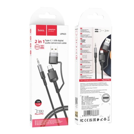 Cable Hoco UPA23, 2 V 1, Type -C+USB - Jack 3.5 mm (M), 1 m, nylon, gray-10