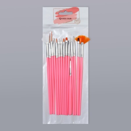 A set of brushes for building and design of nails, 15 pcs, 19 cm, pink color-7