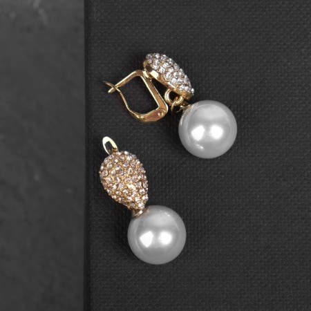 Earrings with pearls "Grace" drop and sphere, white color in gold