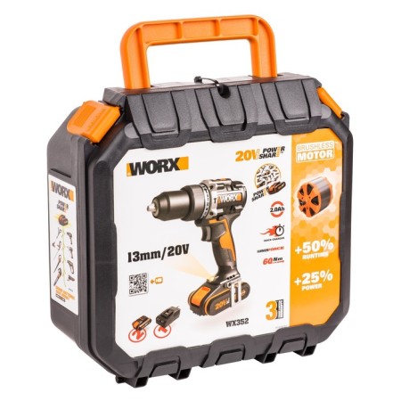 Drill-shuruvret Battery Battery Worx WX352, 20 V, 60 Nm, 2x2 Ah, case-7