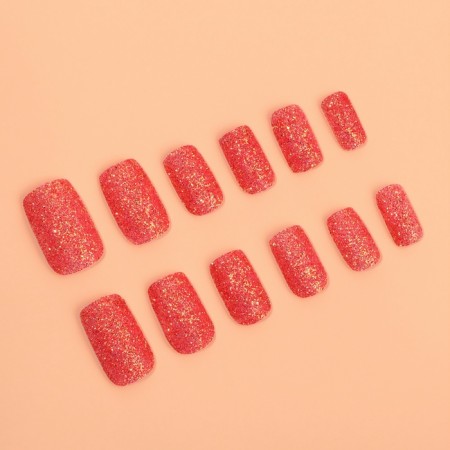 Lighting nails "Shine", 12 pcs, with sparkles, with adhesive plates, shape soft square, red-1