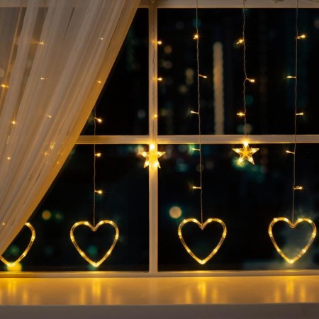 Garland “fringe” 2.4 × 0.9 m with nozzles “heart”, ip20, transparent thread, 186 LED, glow warm white, 8 modes, 220 V