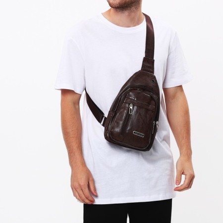 Male sling bag, artificial leather, headphone opening, brown color-6