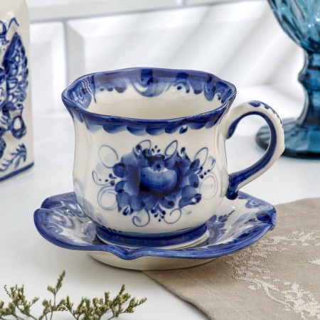 Tea couple "chamomile", gzhel, porcelain, 9x14 cm