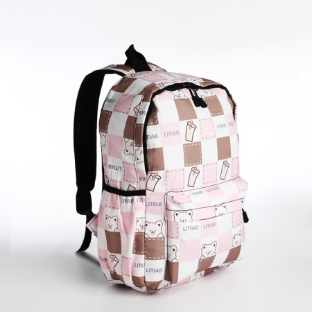 Youth backpack from textiles, 3 pockets, beige/pink color-2