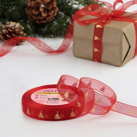 Kapron tape with embossing "Christmas tree", 15 mm × 23 ± 1 m, red/gold color
