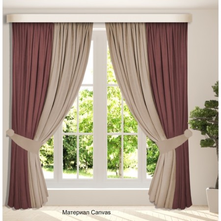 Set of curtains "Canvas", size 200x250 cm, 2 pcs, color drunk cherry, beige color-1