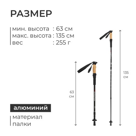 Scandinavian Walking Alitop, telescopic, 3 sections, up to 135 cm, black color-2