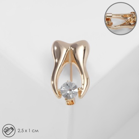 Brooch "Tooth" with rhinestones, white color in gold