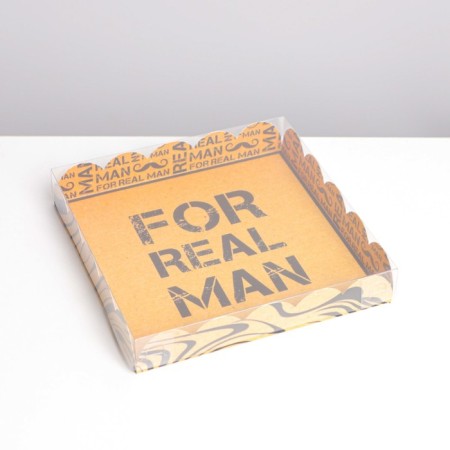 Cookie box, confectionery packaging with PVC lid, “for a real man”, 18 x 18 x 3 cm