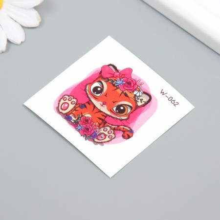 Tattoo on the body color "Tigeron with flowers and a bow" 6x6 cm-1