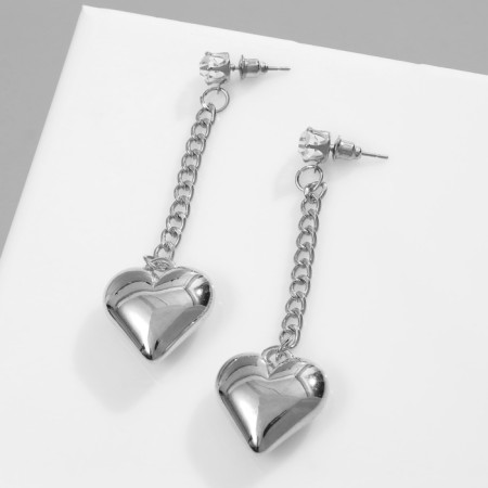 Earrings Metal "Heart" on a chain, white color in silver-1