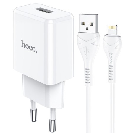 Nice charger Hoco N9, USB - 2.1 A, Lightning 1 m, white cable-1