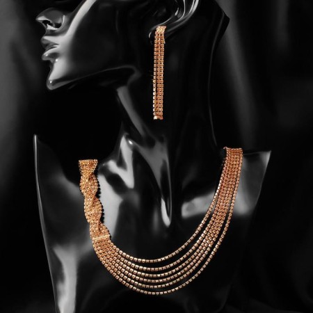 Set 2 objects: earrings, necklace "ice" pigtail, color gold, 80 cm