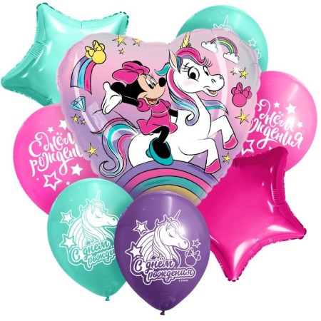 A set of balloons "Happy Birthday", Minnie Mouse and Unicorn