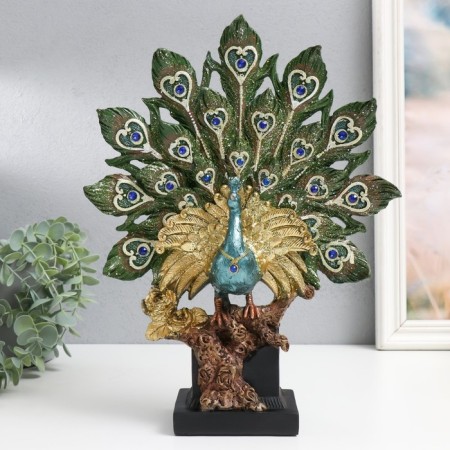 Polystone souvenir "Peacock with a green tail with heart feathers, sapphire" 25.5x9x33 cm