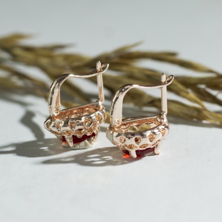 Earrings with rhinestones "Edel" oval in openwork, red color in gold-1