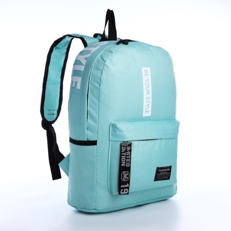 A backpack with a zipper, an outer pocket, 2 side pockets, a turquoise color-2