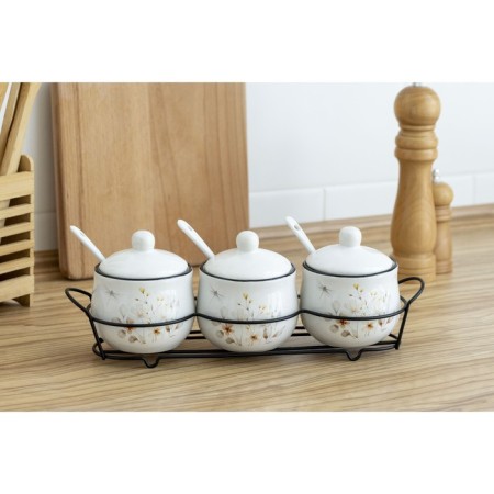 A set of ceramic cans for spices on a metal stand “Flowers”, 200 ml, 3 pcs, white color-9