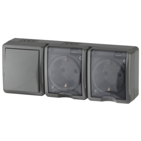 Block Two sockets+IP54, 16A (10AX) -250V switch, OU, ERA expert, gray era