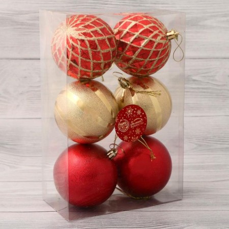 Set of balls plastic D-8 cm, 6 pcs "Beat mesh" golden red-1