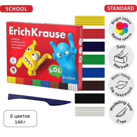 Plasticine 8 colors, 144 g, Erichkrause "Jolly Friends", with a glass, in cardboard packaging