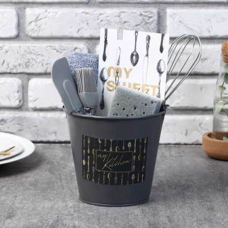 Gift kit Kitchen: bucket, towel 35x60, spatula, brush, corolla, sponge-1