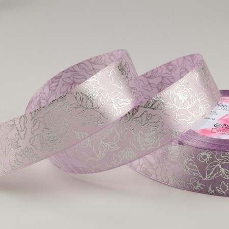 Satin tape with embossing "Flower pattern", 25 mm, 18 ± 1 m, lilac color/silver No. 44