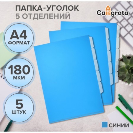 A set of folders of corners, A4, 180 μm, 5 pieces, calligrata, 5 departments, blue, smooth, translucent