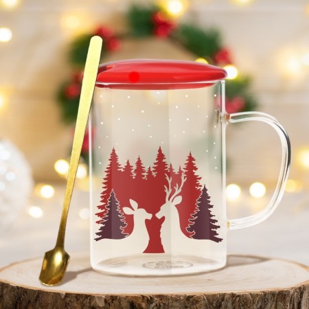Glass mug with a spoon and lid "Winter Forest", 470 ml-1
