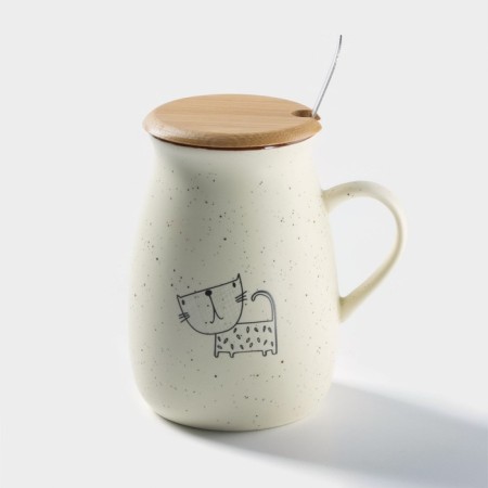 Ceramic mug with a wooden lid and spoon "Patty", 350 ml, MIX drawing