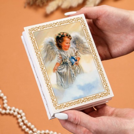Casket "Angel with a bird", white, 10 × 14 cm, lacquer miniature-2