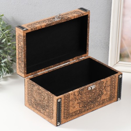 Casket wood to the leatherette under the cork "Pattern Flower Mehendi Flower" 24x14x12 cm-2