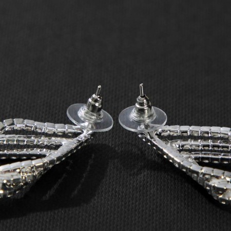 Hanging earrings with Hollywood rhinestones with threads, white color in silver, 13.5 cm-2