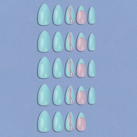 Freshness patch nails, 24 pcs, with glue plates, almond shape, blue/pink color-6