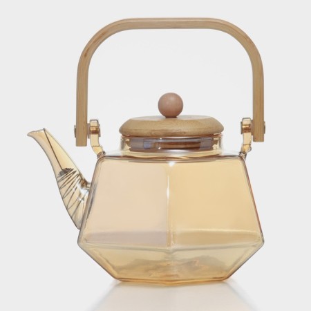 Glass teapot with a bamboo lid and a metal filter “Octan”, 800 ml, gold color