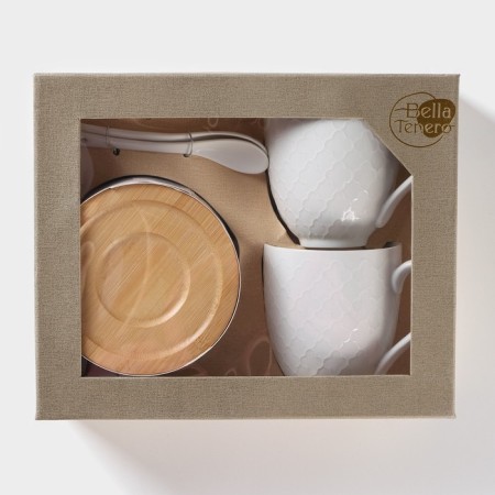 Ceramic tea set on the Bellatenero bamboo stand, 6 objects: 2 cups 350 ml, 2 wooden saucers d = 12 cm, 2 spoons, white color-9
