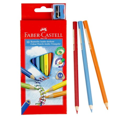 Jumbo 10 pencils 10 colors, Faber-Castell, three-sided, with a sharpener, cardboard box-1