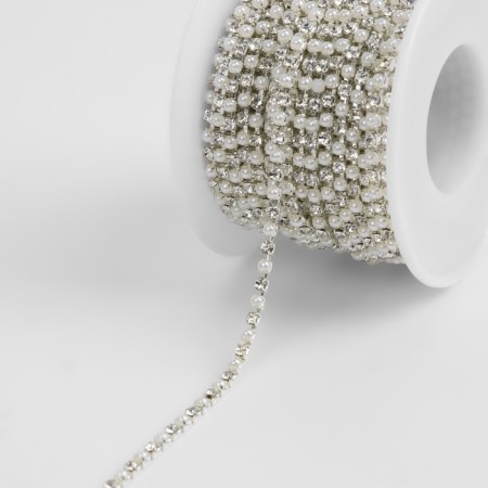 Chain with rhinestones and pearls, metal, plastic, glass, 2.5 mm, 9 ± 1 m, silver color-1