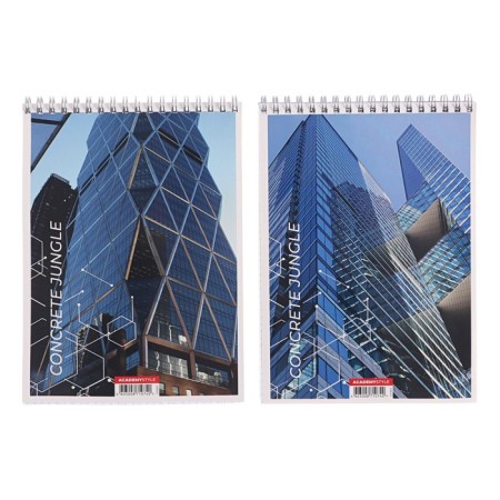 Notepad A5, 60 sheets in a cage on the crest "Modern City", cover shaking cardboard, hard substrate, UV-lak, Offset block, mix
