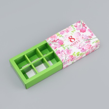 Folding box for 6 sweets without a window "since March 8", 13.7 x 9.8 x 3.8 cm. Confectionery packaging-3