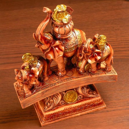 Souvenir Polystone "Three Cash Elephants on a But with Coins" under a tree 24.5x19.5x7.8 cm-6