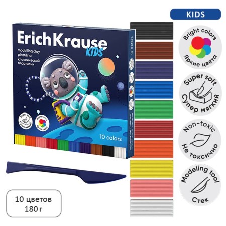 Plasticine 10 colors, 180 g, Erichkrause "Kids Space Animals", with a glass, in cardboard packaging