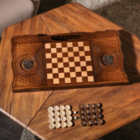 Handmade backgammon "coat of arms", deep cutting, with a pen, 60x30 cm, with a chess field, Armenia-1