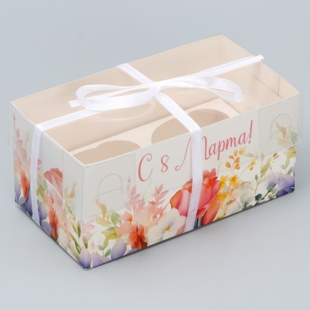Capcake box, confectionery packaging, 2 cells “Flower Melody”, March 8, 16 x 8 x 7.5 cm