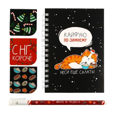 Gift New Year's kit “Kaifui on winter”: a notebook on a spiral A6, 40 sheets, magnetic bookmarks 3 pcs and a pen Plastic-1