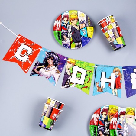 A set of paper dishes is a disposable anime ”: 6 plates, 1 garland, 6 glasses-2