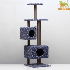 House for cats with a claw, with a site and shelf, 65 x 51 x 173 cm, gray with paws